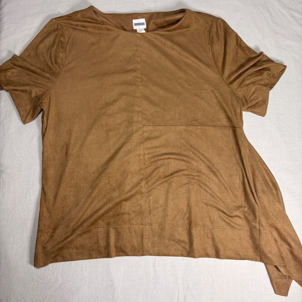 Chicos Faux Suede Asymmetrical Top Brown Cognac Short Sleeve Size 2 Large New
